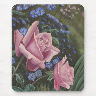 Roze rozen en blauwe bloemen Mousepad Muismat