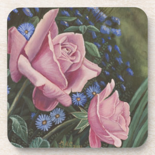 Roze rozen en blauwe bloemen Onderzetters