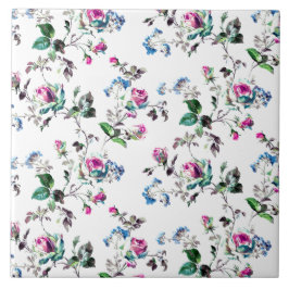 Roze rozen en blauwe bloemen tegeltje