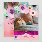 ROZE ROZEN EN BLAUWE LINT FOTO SJABLOON MONOGRAM KAART (Voorkant / Achterkant)