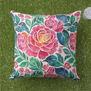 Roze rozen en Blauwgroen bloemen Buitenkussen