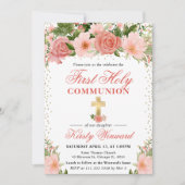 Roze Rozen en Bloemen Eerste Heilige Communie Kaart (Voorkant)