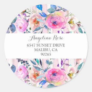 Roze rozen en bloemen met roze strepen ronde sticker