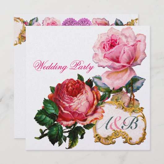 ROZE ROZEN EN CUPIDO KANTEN HART TROUWEN MONOGRAM KAART (Voorkant / Achterkant)