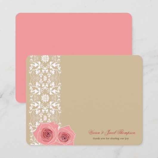 Roze rozen en Damask Lace Romantic Chic Wedding Bedankkaart (Voorkant / Achterkant)