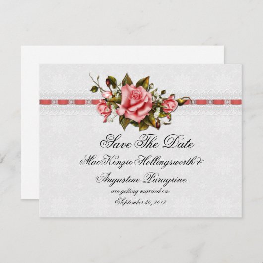  Roze Rozen en Damask Print Bewaar de datum Aankondigingskaart (Voorkant / Achterkant)