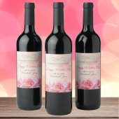 Roze rozen en dauwdruppels Moederdag Wijn Etiket