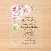 Roze rozen en diamanten doorschijnende bruiloft acryl uitnodigingen (Voorkant)