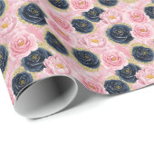 Roze rozen en donkerblauwe faux glitter cadeaupapier (Rol Hoek)