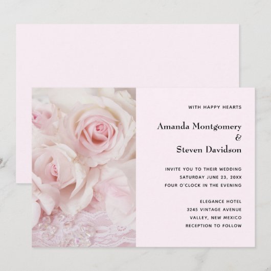  roze rozen en elegante kant - bruiloft kaart (Voorkant / Achterkant)