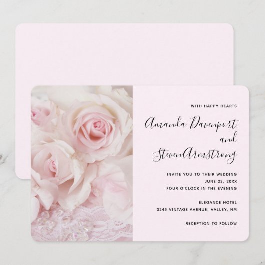  roze rozen en elegante kant - bruiloft kaart (Voorkant / Achterkant)