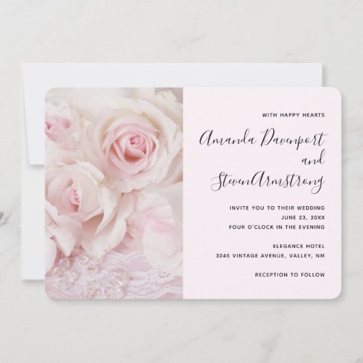 roze rozen en elegante kant - bruiloft kaart (Voorkant)