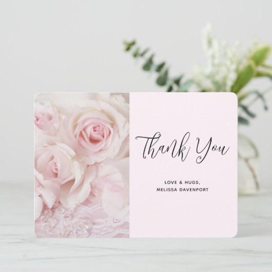 roze rozen en elegante kant - Dank u wel Bedankkaart (Staand voorkant)