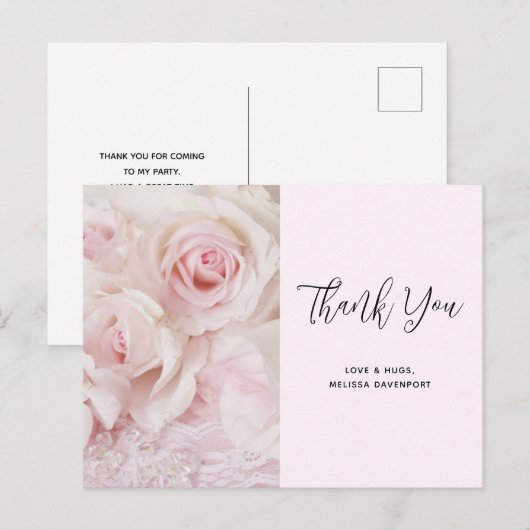 roze rozen en elegante kant - Dank u wel Briefkaart (Voorkant / Achterkant)