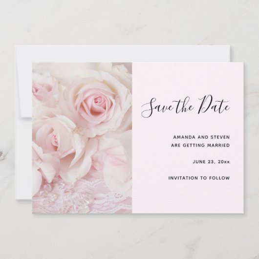roze rozen en elegante kant save the date (Voorkant)