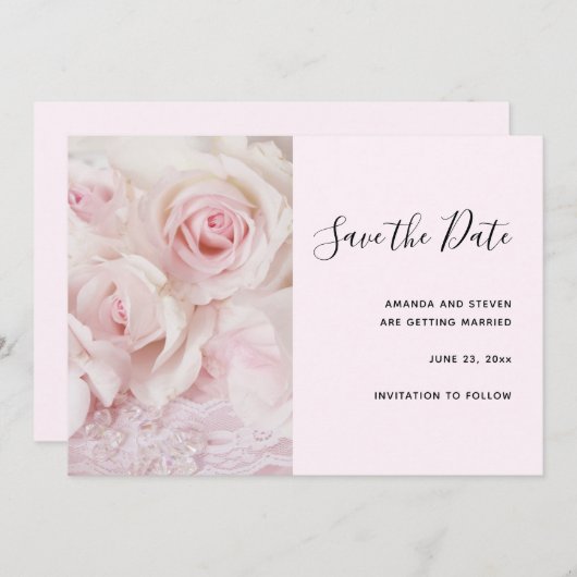 roze rozen en elegante kant save the date (Voorkant / Achterkant)