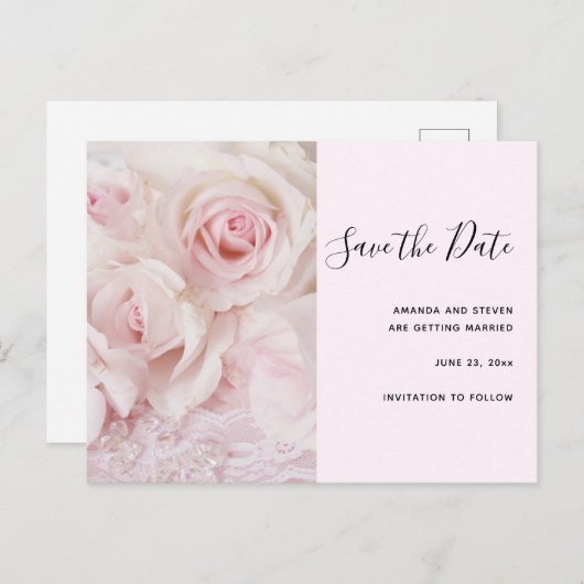 roze rozen en elegante kant - sla de datum op uitnodiging briefkaart (Voorkant / Achterkant)