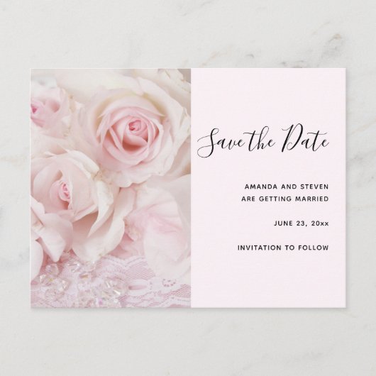  roze rozen en elegante kant - sla de datum op uitnodiging briefkaart (Voorkant)