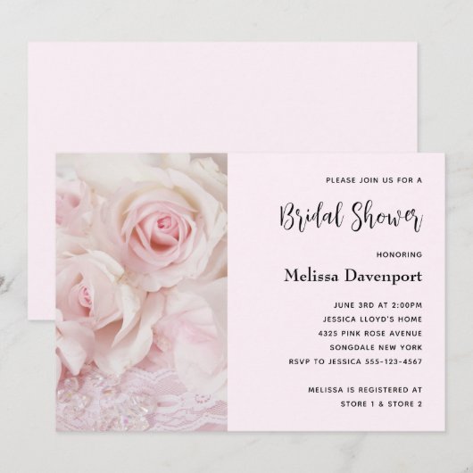 Roze Rozen en Elegante Kant uit het Verleden - Bru Kaart (Voorkant / Achterkant)