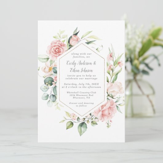 Roze Rozen en Eucalyptus Goud Geometrisch Lijst Kaart (Staand voorkant)