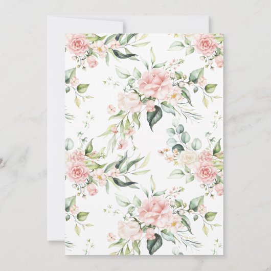 Roze Rozen en Eucalyptus Lijst Bloemenbruiloft Kaart (Achterkant)