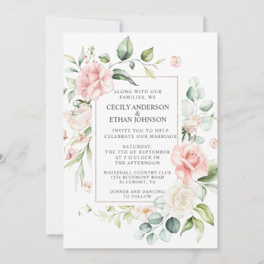 Roze Rozen en Eucalyptus Lijst Roze Rug Bruiloft Kaart (Voorkant)