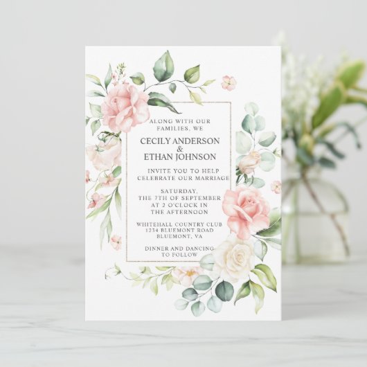 Roze Rozen en Eucalyptus Lijst Roze Rug Bruiloft Kaart (Staand voorkant)