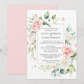 Roze Rozen en Eucalyptus Lijst Roze Rug Bruiloft Kaart (Voorkant / Achterkant)