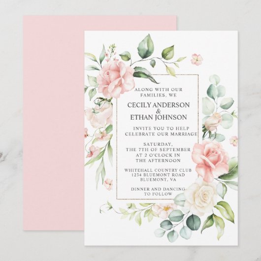 Roze Rozen en Eucalyptus Lijst Roze Rug Bruiloft Kaart (Voorkant / Achterkant)