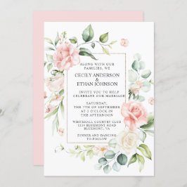 Roze Rozen en Eucalyptus Lijst Roze Rug Bruiloft Kaart