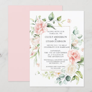 Roze Rozen en Eucalyptus Lijst Roze Rug Bruiloft Kaart