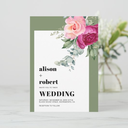 Roze rozen en eucalyptus salie groene bruiloft kaart (Staand voorkant)