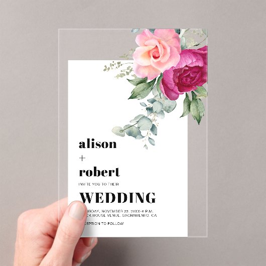 Roze rozen en eucalyptus wit lijst bruiloft acryl uitnodigingen (Insitu (Draagbaar))