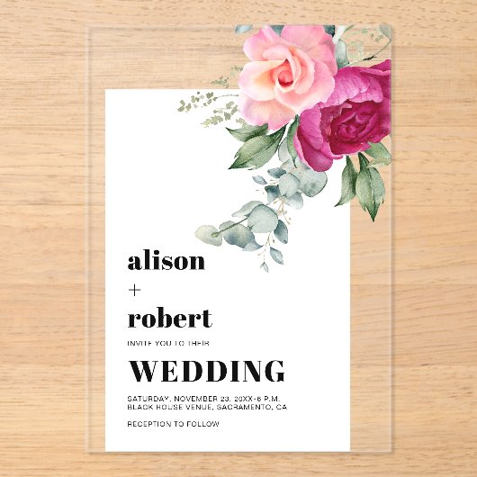 Roze rozen en eucalyptus wit lijst bruiloft acryl uitnodigingen (Voorkant)