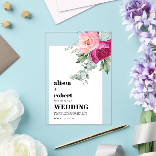 Roze rozen en eucalyptus wit lijst bruiloft acryl uitnodigingen (Insitu (Huwelijk))