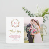 Roze Rozen en Faux Gold Script | Foto Bruiloft Bedankkaart (Staand voorkant)