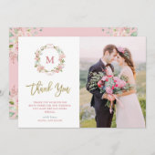 Roze Rozen en Faux Gold Script | Foto Bruiloft Bedankkaart (Voorkant / Achterkant)