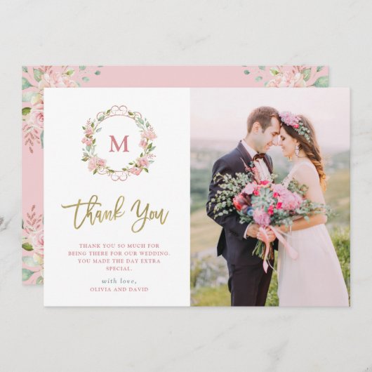 Roze Rozen en Faux Gold Script | Foto Bruiloft Bedankkaart (Voorkant / Achterkant)