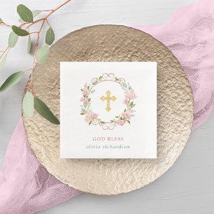 Roze rozen en Faux Roos Gold Accents Baptisme Servet
