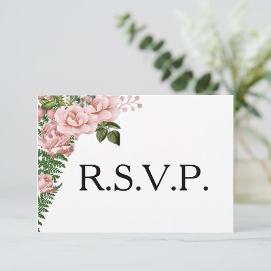 Roze rozen en Ferns Wedding RSVP (Staand voorkant)