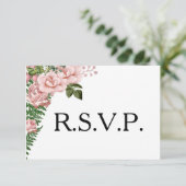 Roze rozen en Ferns Wedding RSVP Kaartje (Staand voorkant)