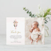 Roze rozen en gieren met foto | Goudbaptisme Bedankkaart (Staand voorkant)