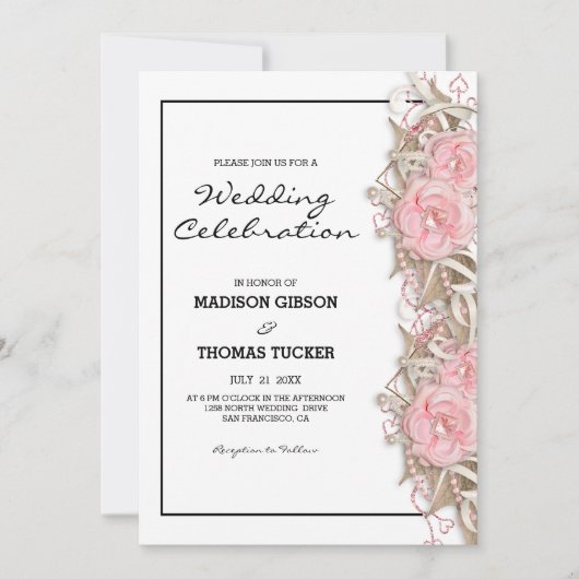 Roze rozen en glitter bruiloft kaart (Voorkant)