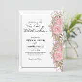 Roze rozen en glitter bruiloft kaart (Staand voorkant)