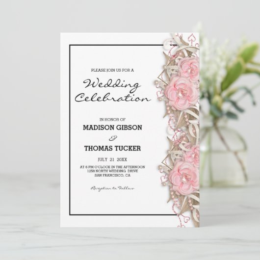 Roze rozen en glitter bruiloft kaart (Staand voorkant)