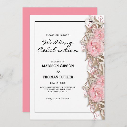 Roze rozen en glitter bruiloft kaart (Voorkant / Achterkant)