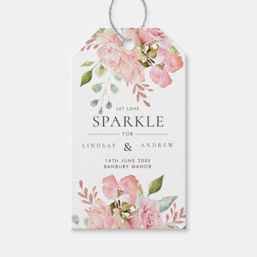  roze rozen en glitter Wedding Sparkler Label Cadeaulabel (Voorkant)
