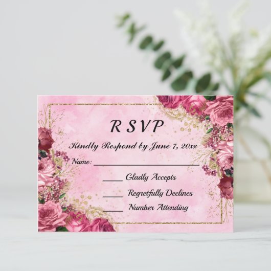 Roze rozen en Gold Response Kaart (Staand voorkant)