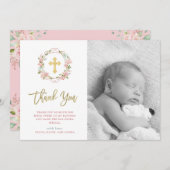 Roze rozen en Gold Script | Fotobaptisme Bedankkaart (Voorkant / Achterkant)