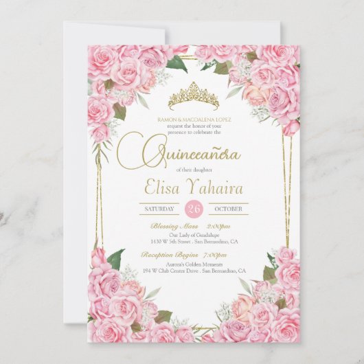 Roze rozen en Gold Tiara Floral Quinceanera Kaart (Voorkant)